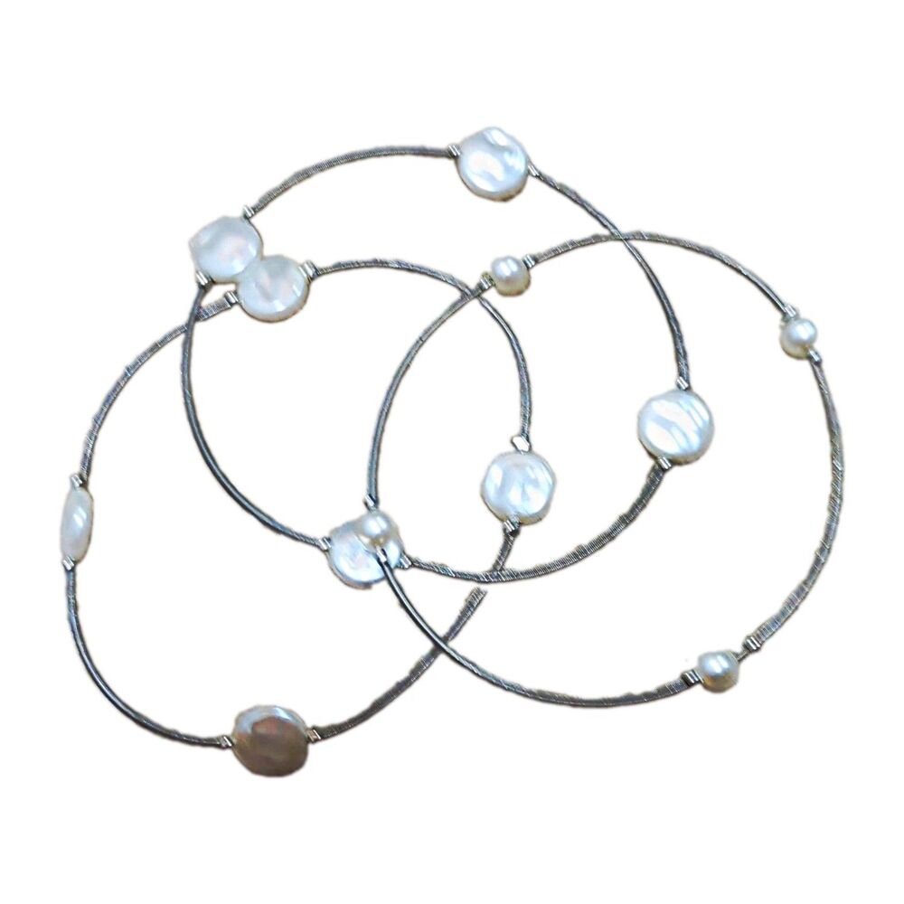 Set of 3 Silver Tone Wire Bangle Bracelets Stackable Slip-On White Round Bead